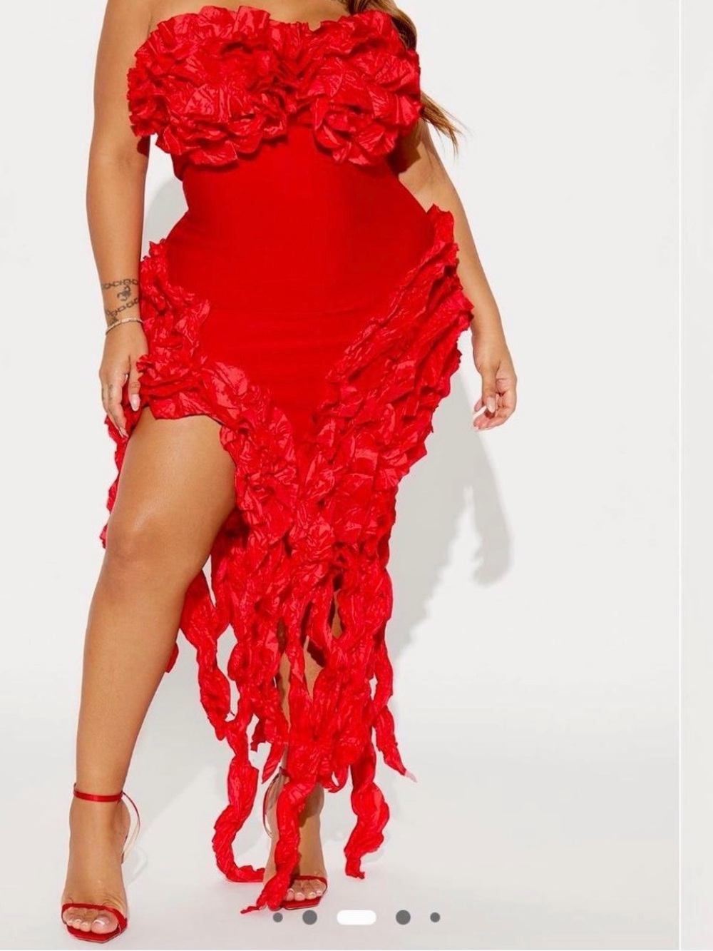 Red bandage Strapless Ruffled Fringe Midi Dress